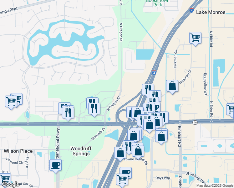 map of restaurants, bars, coffee shops, grocery stores, and more near 5005 Hawkstone Drive in Sanford