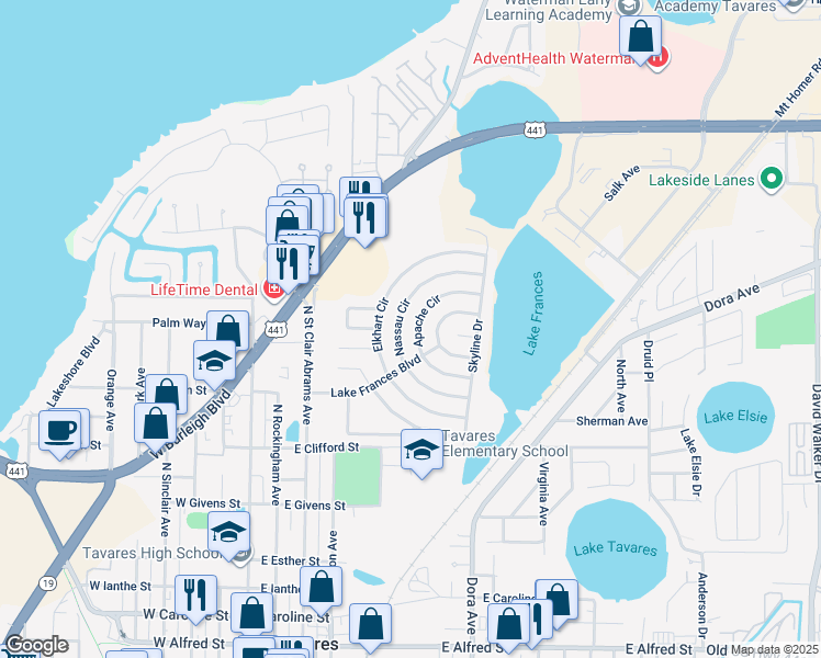 map of restaurants, bars, coffee shops, grocery stores, and more near 1433 Apache Circle in Tavares