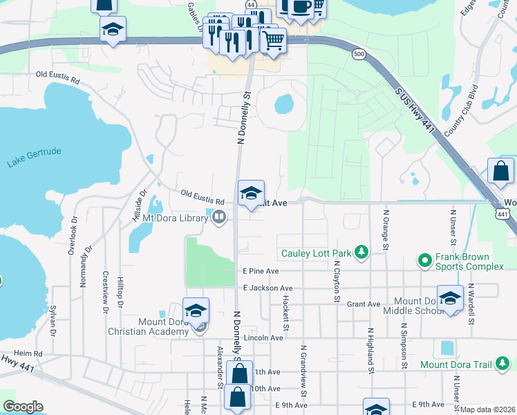 map of restaurants, bars, coffee shops, grocery stores, and more near 2015 Donnelly Place in Mount Dora