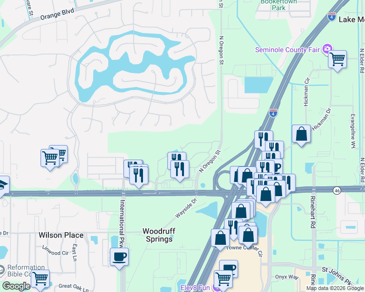 map of restaurants, bars, coffee shops, grocery stores, and more near 5131 Hawkstone Drive in Sanford