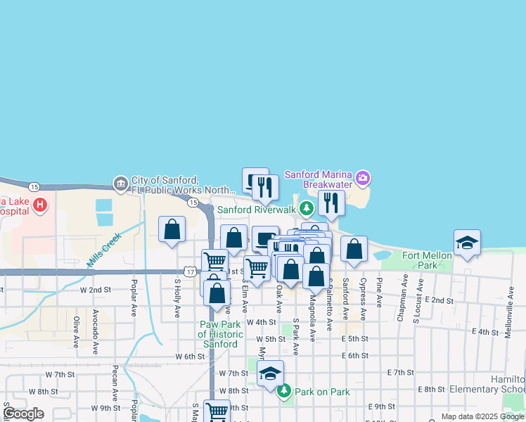 map of restaurants, bars, coffee shops, grocery stores, and more near 225 West Seminole Boulevard in Sanford