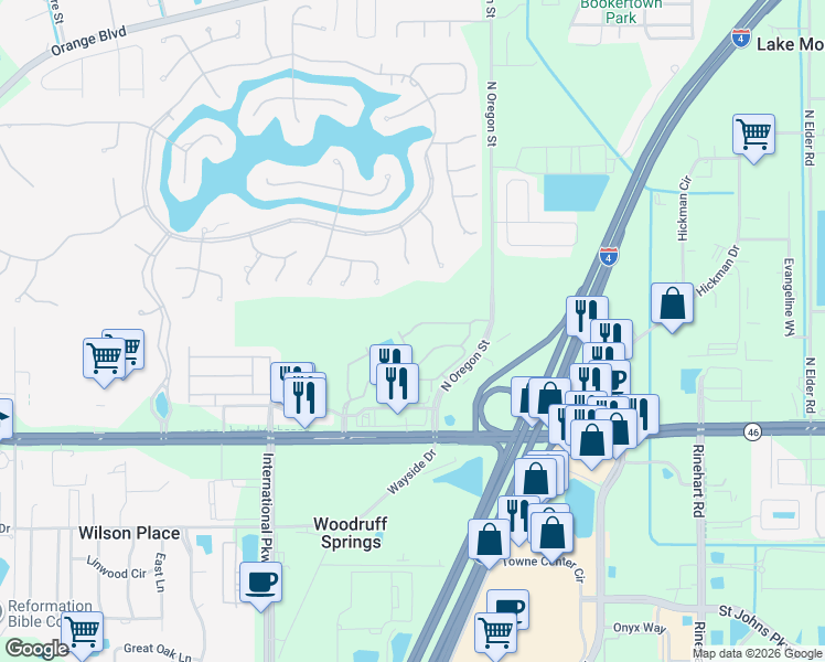 map of restaurants, bars, coffee shops, grocery stores, and more near 5149 Hawkstone Drive in Sanford