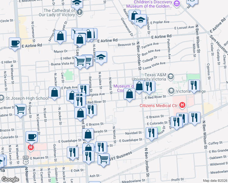 map of restaurants, bars, coffee shops, grocery stores, and more near 1704 East Virginia Avenue in Victoria