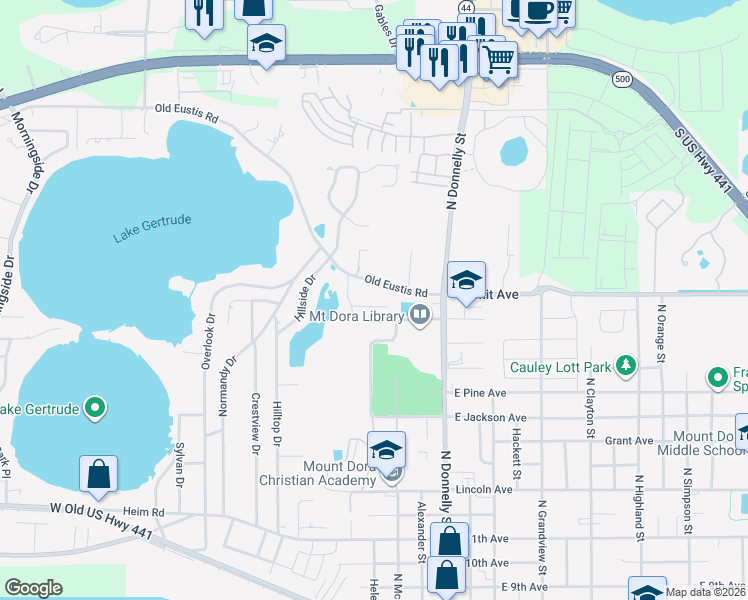 map of restaurants, bars, coffee shops, grocery stores, and more near 333 Forest Road in Mount Dora