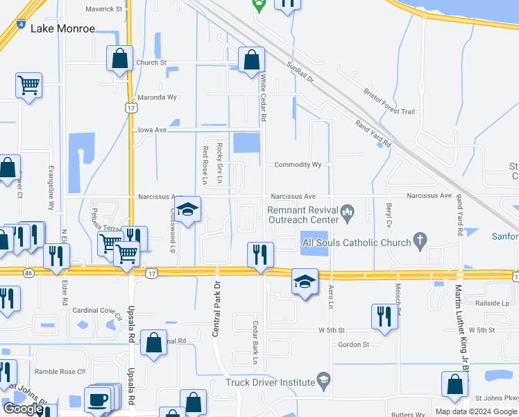 map of restaurants, bars, coffee shops, grocery stores, and more near 149 Big Spring Terrace in Sanford