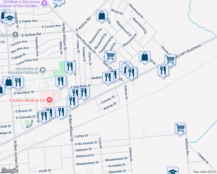 map of restaurants, bars, coffee shops, grocery stores, and more near 3402 Houston Highway in Victoria