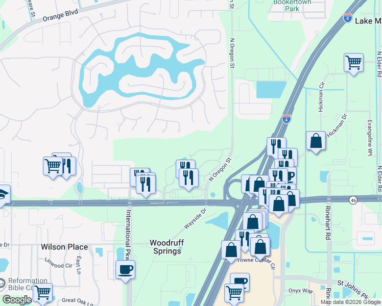 map of restaurants, bars, coffee shops, grocery stores, and more near 5166 Hawkstone Drive in Sanford