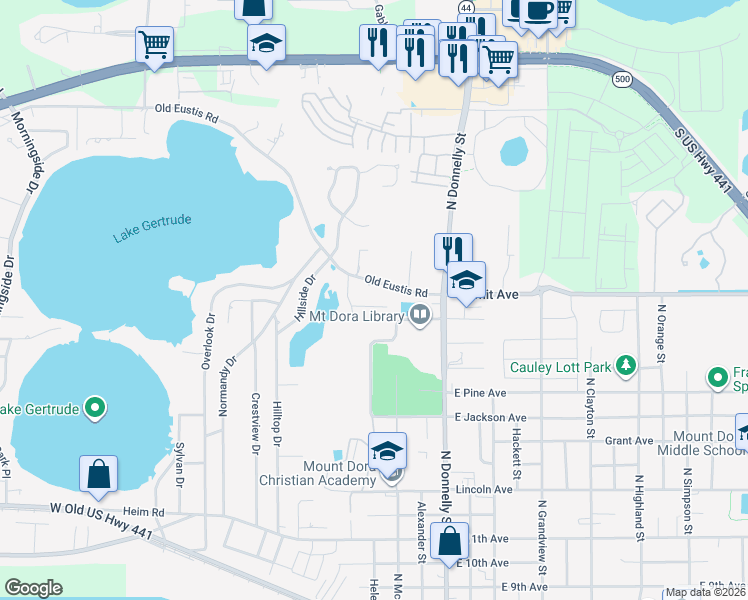 map of restaurants, bars, coffee shops, grocery stores, and more near 333 Forest Road in Mount Dora