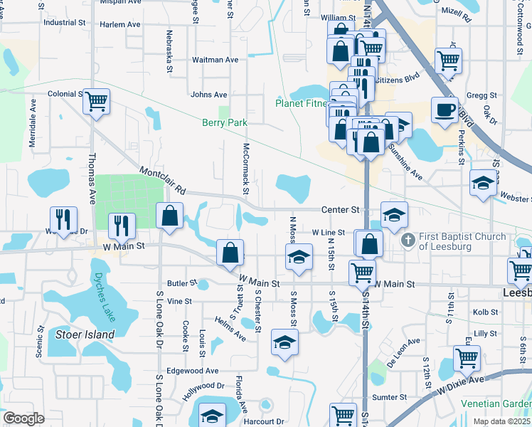 map of restaurants, bars, coffee shops, grocery stores, and more near 1805 Center Street in Leesburg