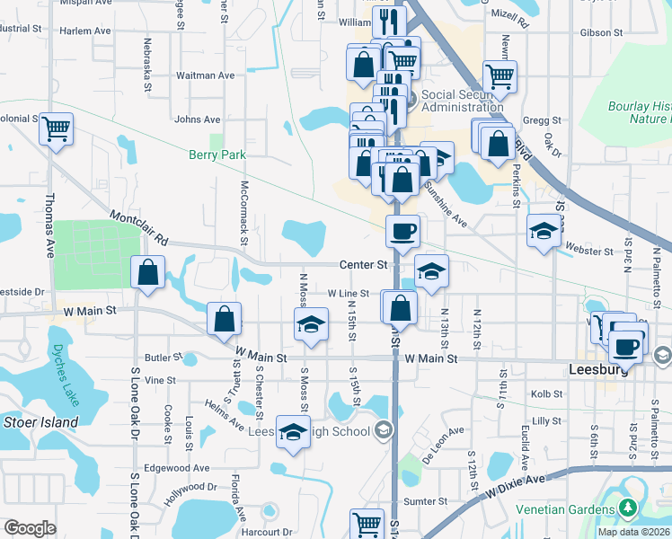 map of restaurants, bars, coffee shops, grocery stores, and more near 1603 Center Street in Leesburg