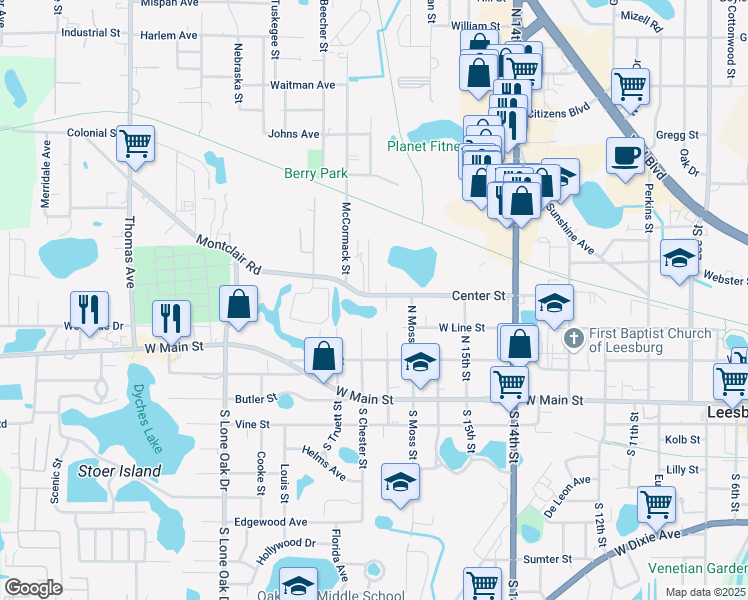 map of restaurants, bars, coffee shops, grocery stores, and more near 1805 Center Street in Leesburg