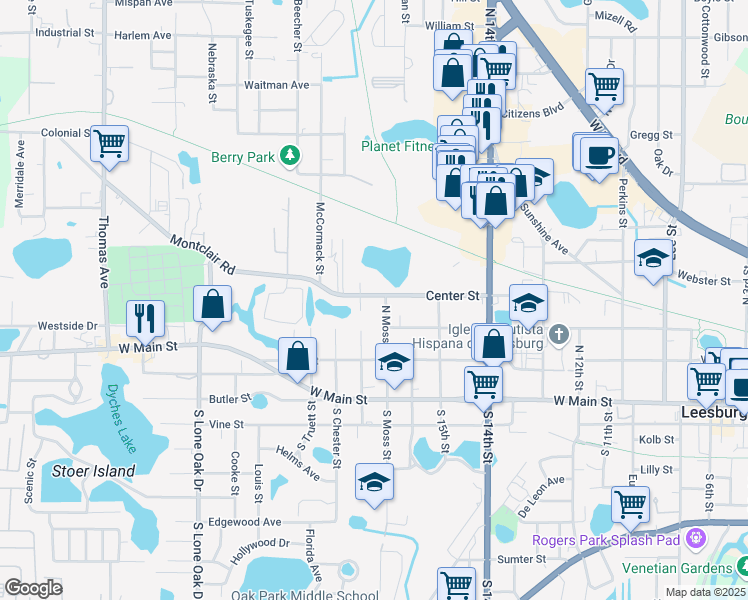 map of restaurants, bars, coffee shops, grocery stores, and more near 1707 Center Street in Leesburg