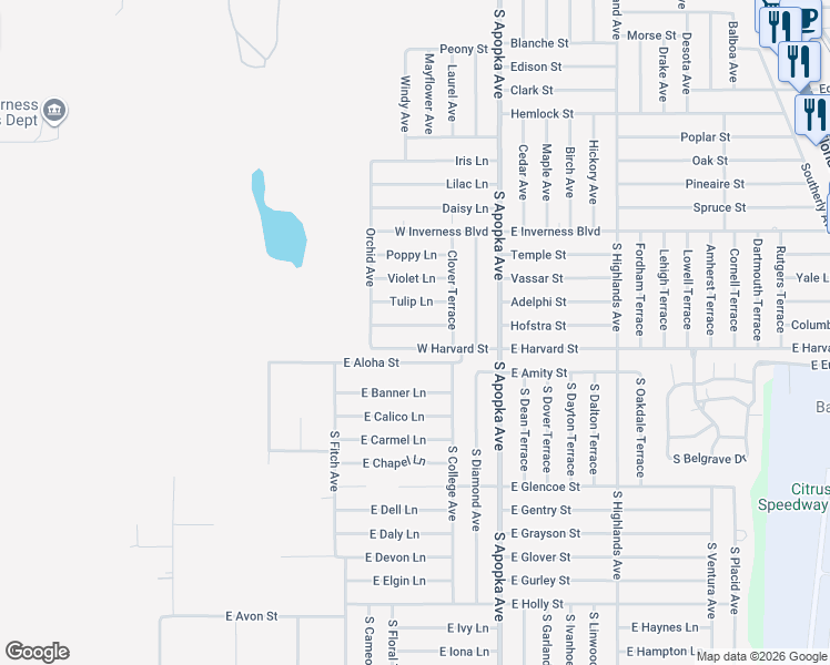 map of restaurants, bars, coffee shops, grocery stores, and more near 311 Red Rose Lane in Inverness