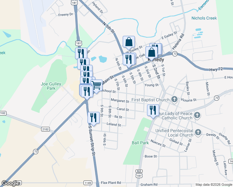 map of restaurants, bars, coffee shops, grocery stores, and more near 709 School Street in Kenedy