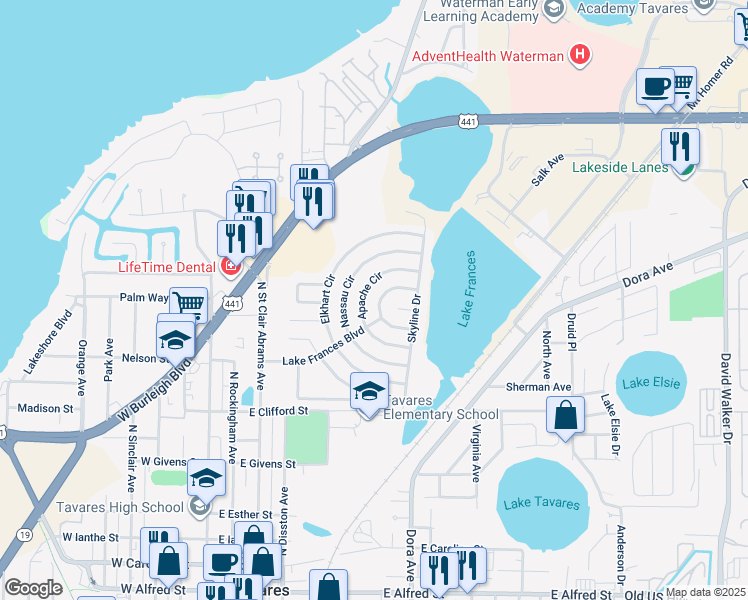 map of restaurants, bars, coffee shops, grocery stores, and more near 1433 Apache Circle in Tavares