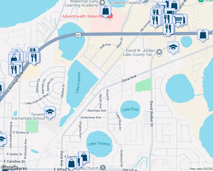 map of restaurants, bars, coffee shops, grocery stores, and more near 1402 Crystal Court in Tavares
