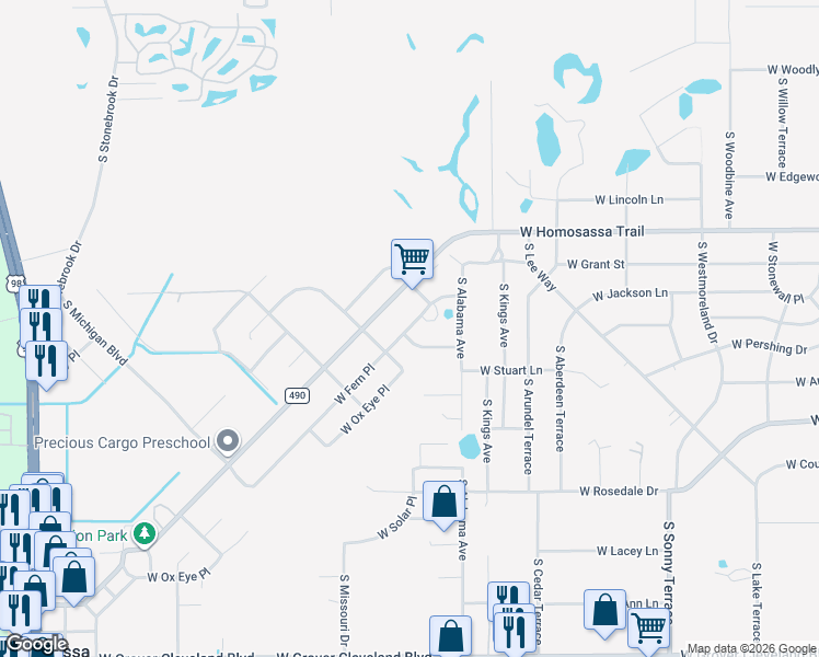 map of restaurants, bars, coffee shops, grocery stores, and more near 7690 West Fern Place in Homosassa