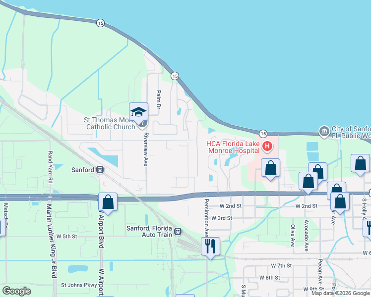 map of restaurants, bars, coffee shops, grocery stores, and more near 2381 Narcissus Avenue in Sanford