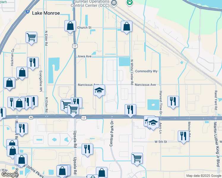 map of restaurants, bars, coffee shops, grocery stores, and more near 1223 Old England Loop in Sanford