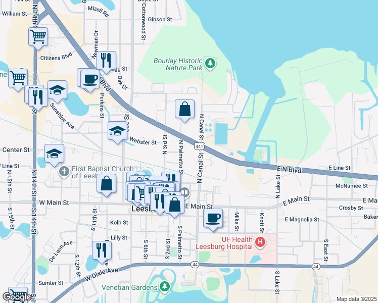 map of restaurants, bars, coffee shops, grocery stores, and more near 424 North Palmetto Street in Leesburg