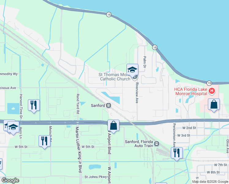 map of restaurants, bars, coffee shops, grocery stores, and more near 2783 River Landing Drive in Sanford
