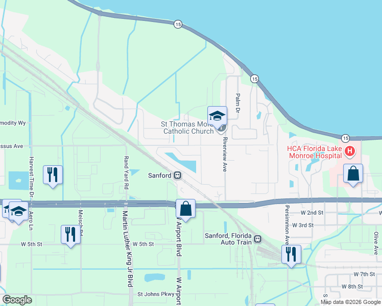 map of restaurants, bars, coffee shops, grocery stores, and more near 2783 River Landing Drive in Sanford