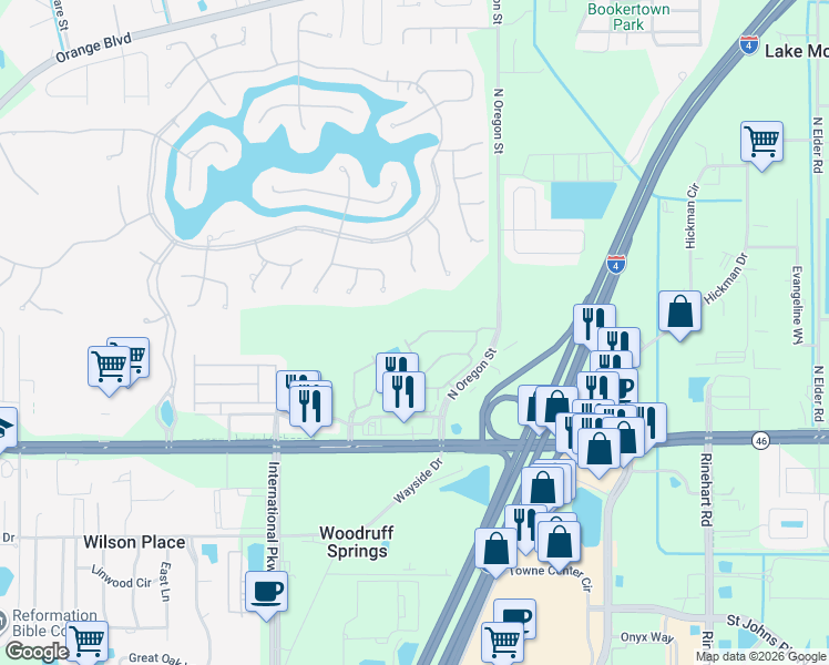 map of restaurants, bars, coffee shops, grocery stores, and more near 5148 Hawkstone Drive in Sanford