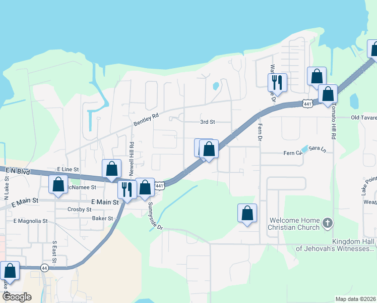 map of restaurants, bars, coffee shops, grocery stores, and more near 112 North Lake Avenue in Leesburg