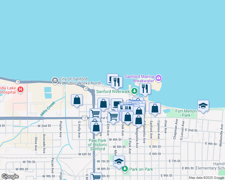 map of restaurants, bars, coffee shops, grocery stores, and more near 225 West Seminole Boulevard in Sanford