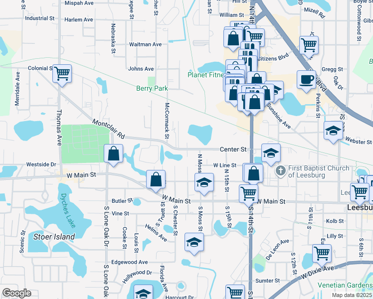 map of restaurants, bars, coffee shops, grocery stores, and more near 1707 Center Street in Leesburg