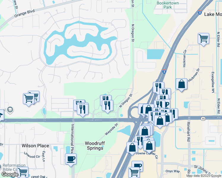 map of restaurants, bars, coffee shops, grocery stores, and more near 5140 Hawkstone Drive in Sanford