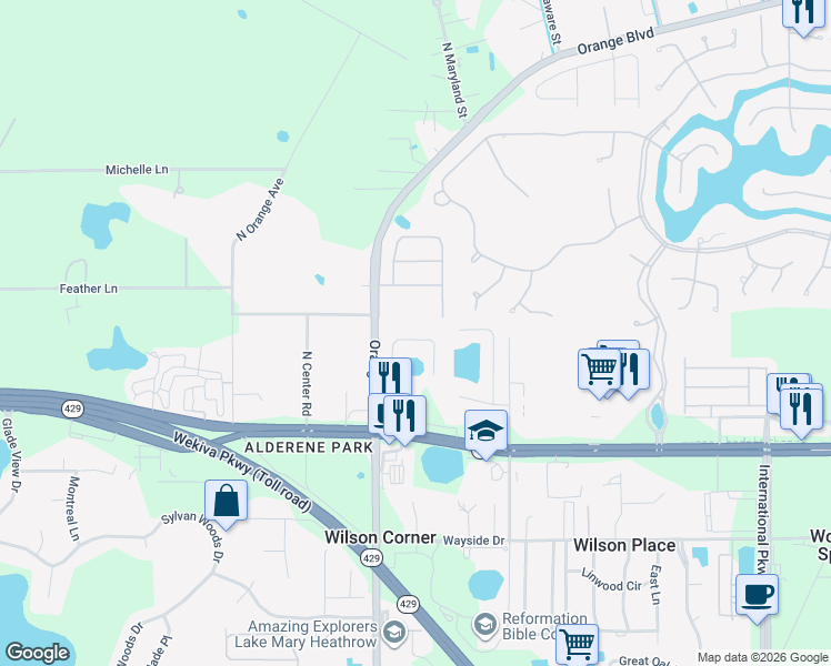map of restaurants, bars, coffee shops, grocery stores, and more near 144 Overoaks Place in Sanford