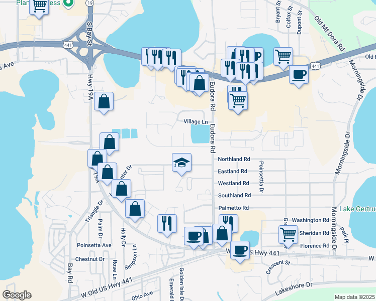 map of restaurants, bars, coffee shops, grocery stores, and more near 3160 Mary Lane in Mount Dora