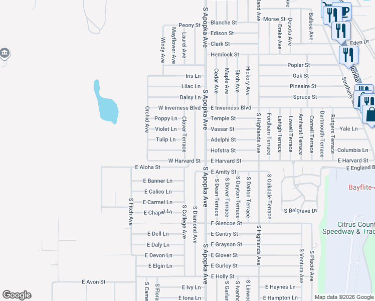 map of restaurants, bars, coffee shops, grocery stores, and more near 205 Red Rose Lane in Inverness