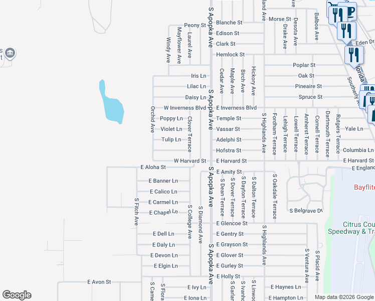 map of restaurants, bars, coffee shops, grocery stores, and more near 205 Red Rose Lane in Inverness