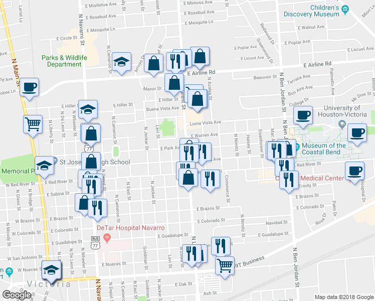 map of restaurants, bars, coffee shops, grocery stores, and more near 2392 North Laurent Street in Victoria
