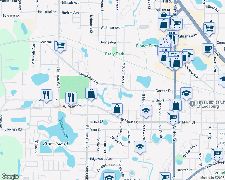 map of restaurants, bars, coffee shops, grocery stores, and more near Sandy Oaks Circle in Leesburg