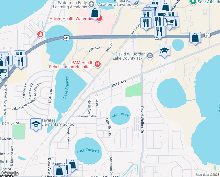 map of restaurants, bars, coffee shops, grocery stores, and more near 1591 Auburn Hills Court in Tavares