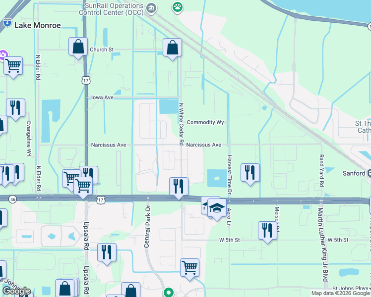 map of restaurants, bars, coffee shops, grocery stores, and more near 557 Merry Brook Circle in Sanford