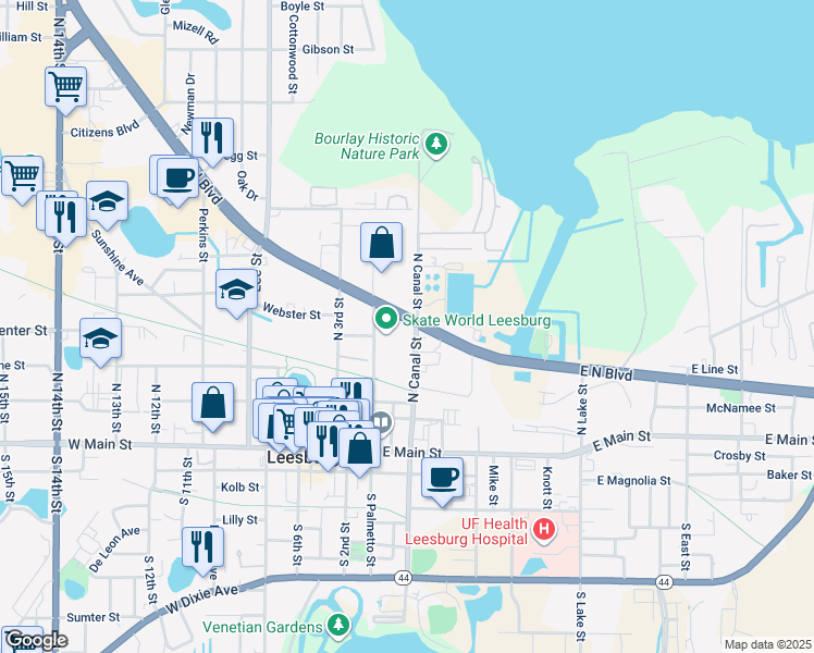 map of restaurants, bars, coffee shops, grocery stores, and more near 424 North Palmetto Street in Leesburg