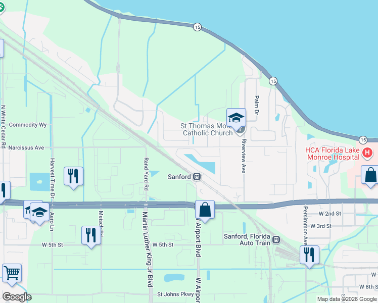 map of restaurants, bars, coffee shops, grocery stores, and more near 2742 River Landing Drive in Sanford