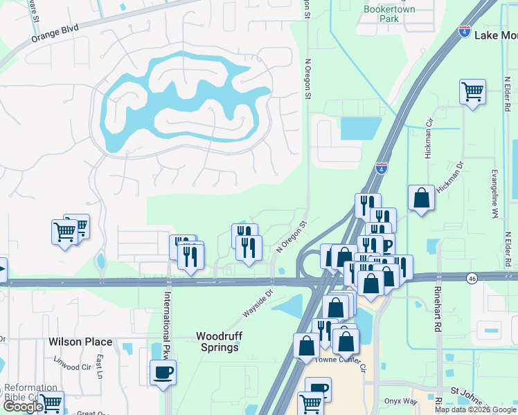 map of restaurants, bars, coffee shops, grocery stores, and more near 5134 Hawkstone Drive in Sanford