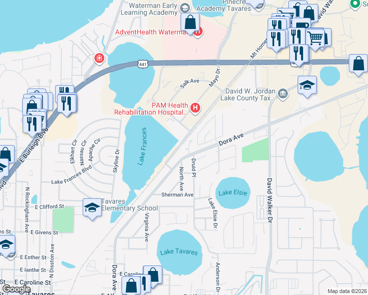 map of restaurants, bars, coffee shops, grocery stores, and more near 1405 Crystal Court in Tavares