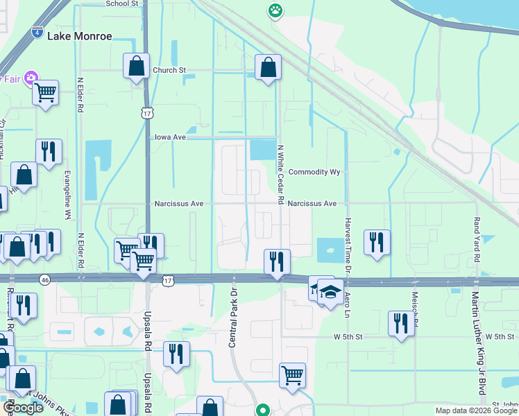 map of restaurants, bars, coffee shops, grocery stores, and more near 115 Big Spring Terrace in Sanford