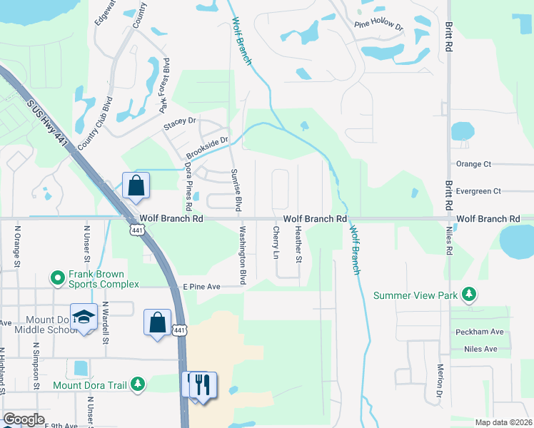 map of restaurants, bars, coffee shops, grocery stores, and more near 2101 Wolf Ridge Lane in Mount Dora