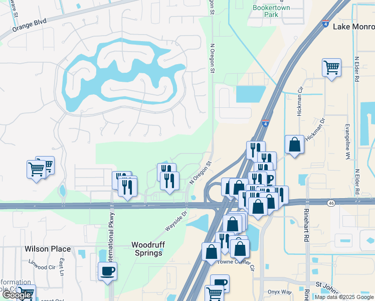 map of restaurants, bars, coffee shops, grocery stores, and more near 5072 Hawkstone Drive in Sanford