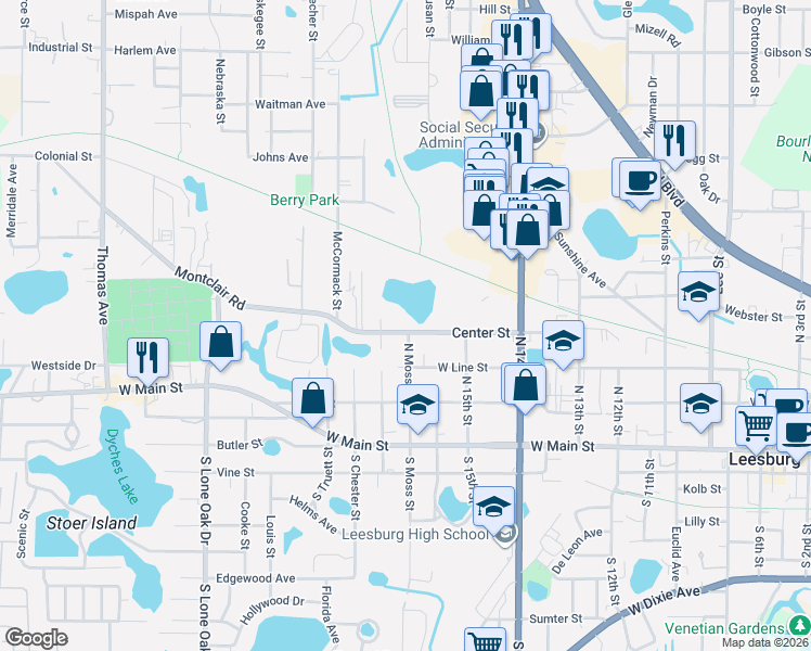 map of restaurants, bars, coffee shops, grocery stores, and more near 1707 Center Street in Leesburg
