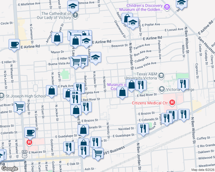 map of restaurants, bars, coffee shops, grocery stores, and more near 1704 East Virginia Avenue in Victoria