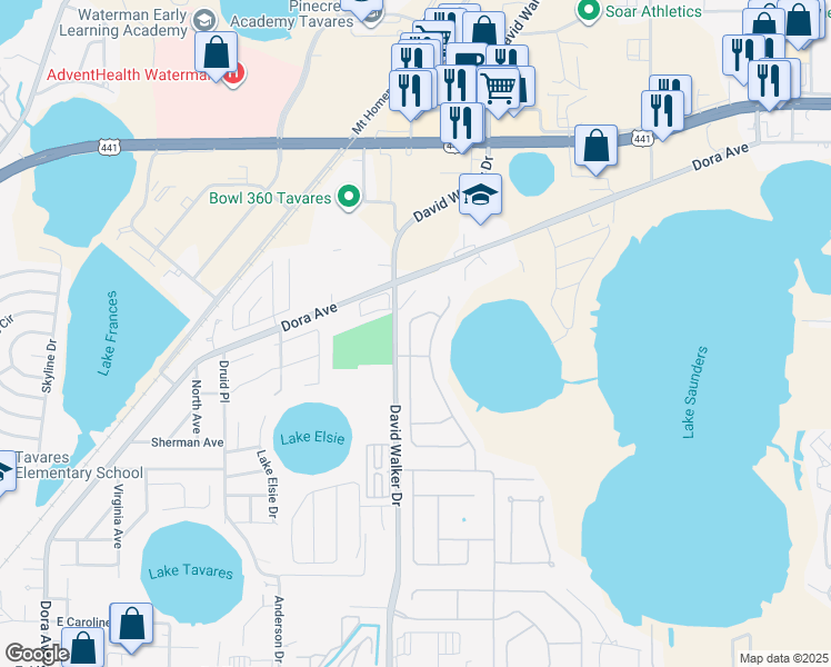 map of restaurants, bars, coffee shops, grocery stores, and more near 1317 Longville Circle in Tavares