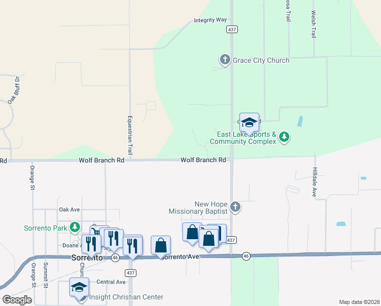map of restaurants, bars, coffee shops, grocery stores, and more near 24250 Wolf Branch Road in Sorrento
